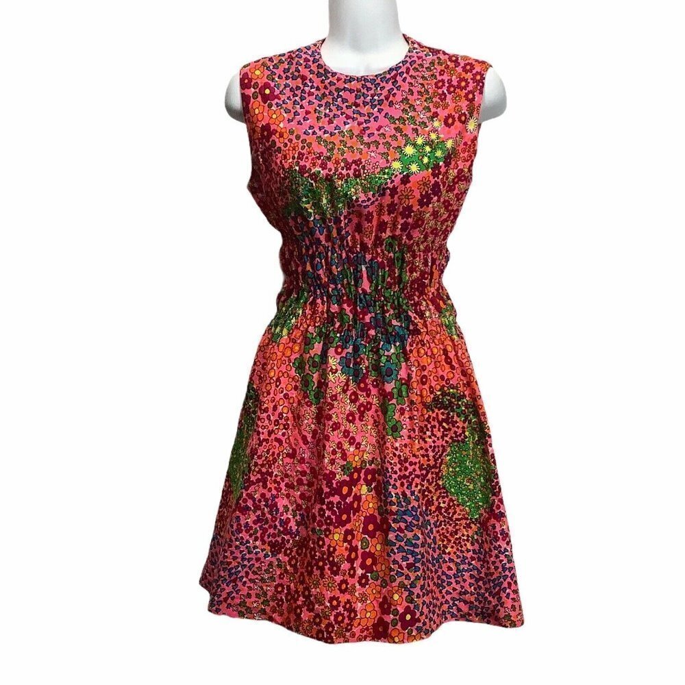 Summer Dress Back Zip Size‎ Small Sleeveless Floral Bright Ruched Vintage